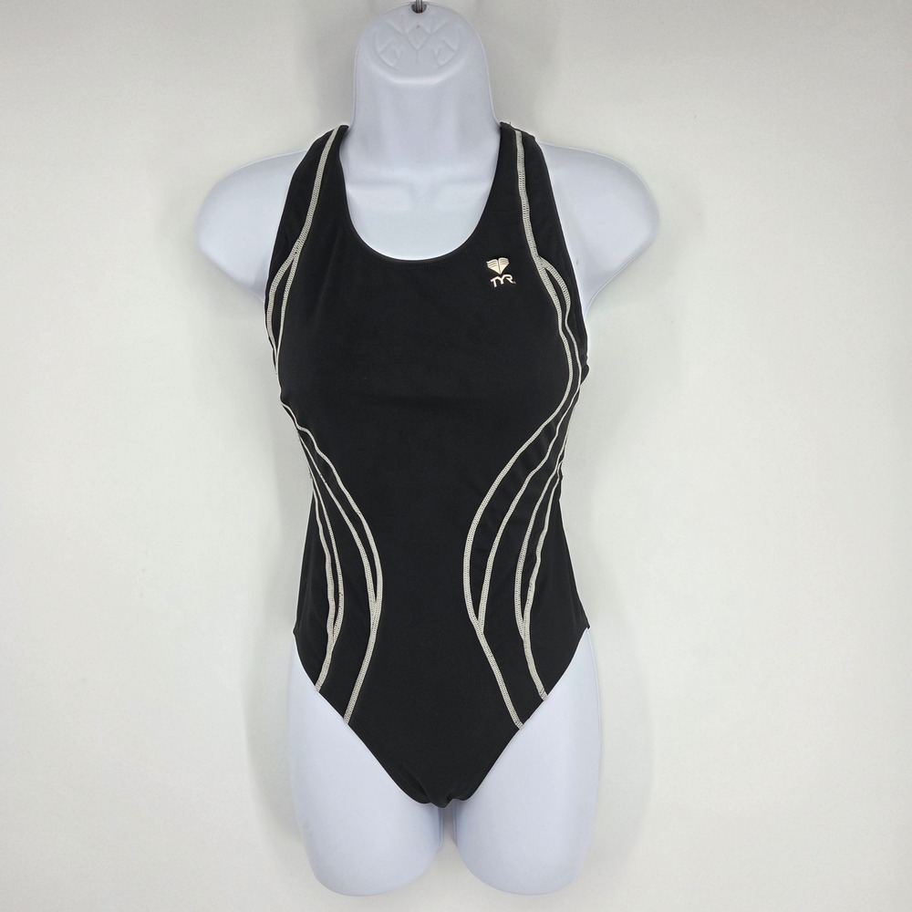 TYR Womens Black Contrast Stitch Racerback One Piece Swimsuit Sz 34 Performance